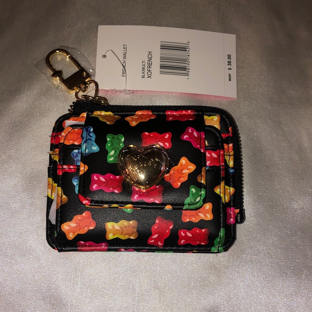 Betsey Johnson L-Zip French Card Wallet Black Multicolor Gummy Bear Print NWT